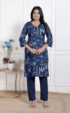 Miravan Womens Abstract Blue Printed Cotton Blue Co-Ord Set | Grocsy