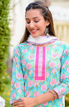 Yufta Women Blue & Off-White Printed Kurta with Trouser & Dupatta | Grocsy