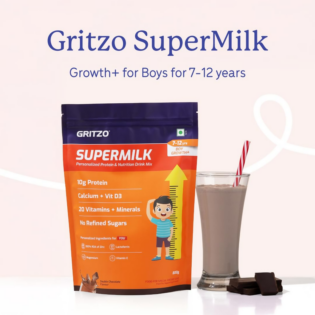 Gritzo SuperMilk Growth+ (Formerly Height+) (7-12y Boys) - Double Chocolate, with Super Gummies - Strawberry | Grocsy