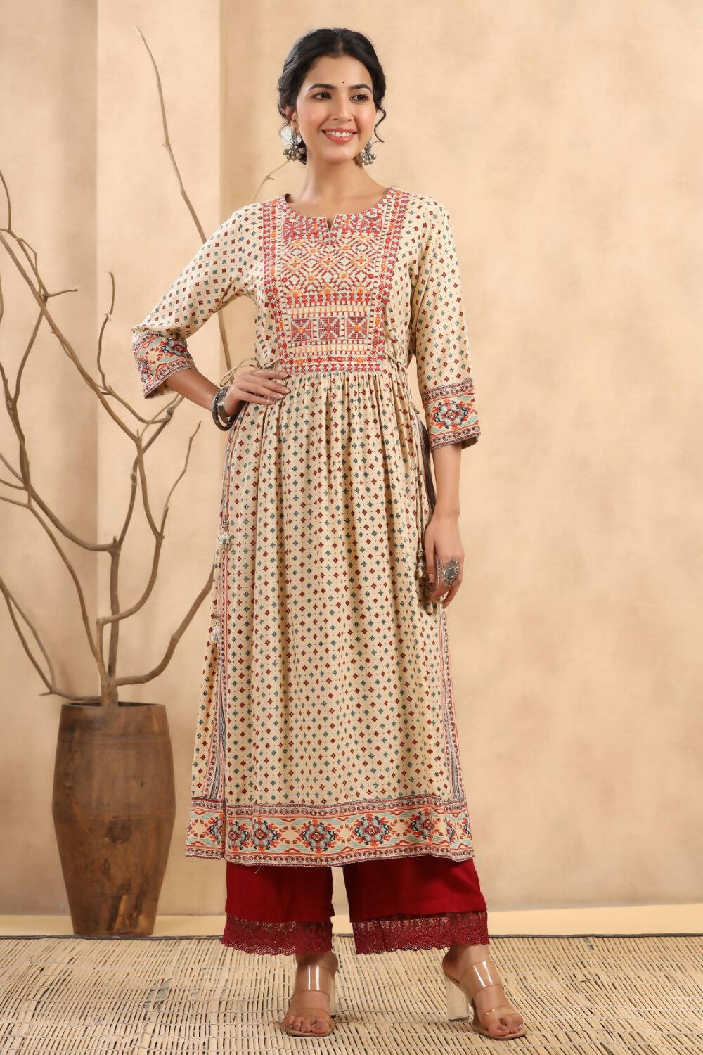 Juniper Women's Beige Rayon Printed Embroidered Straight Kurta | Grocsy
