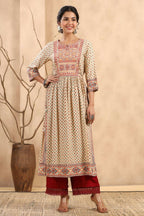 Juniper Women's Beige Rayon Printed Embroidered Straight Kurta | Grocsy