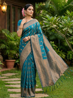 Shree Shyam Fashion Rama Blue Silk Blend Saree | Grocsy