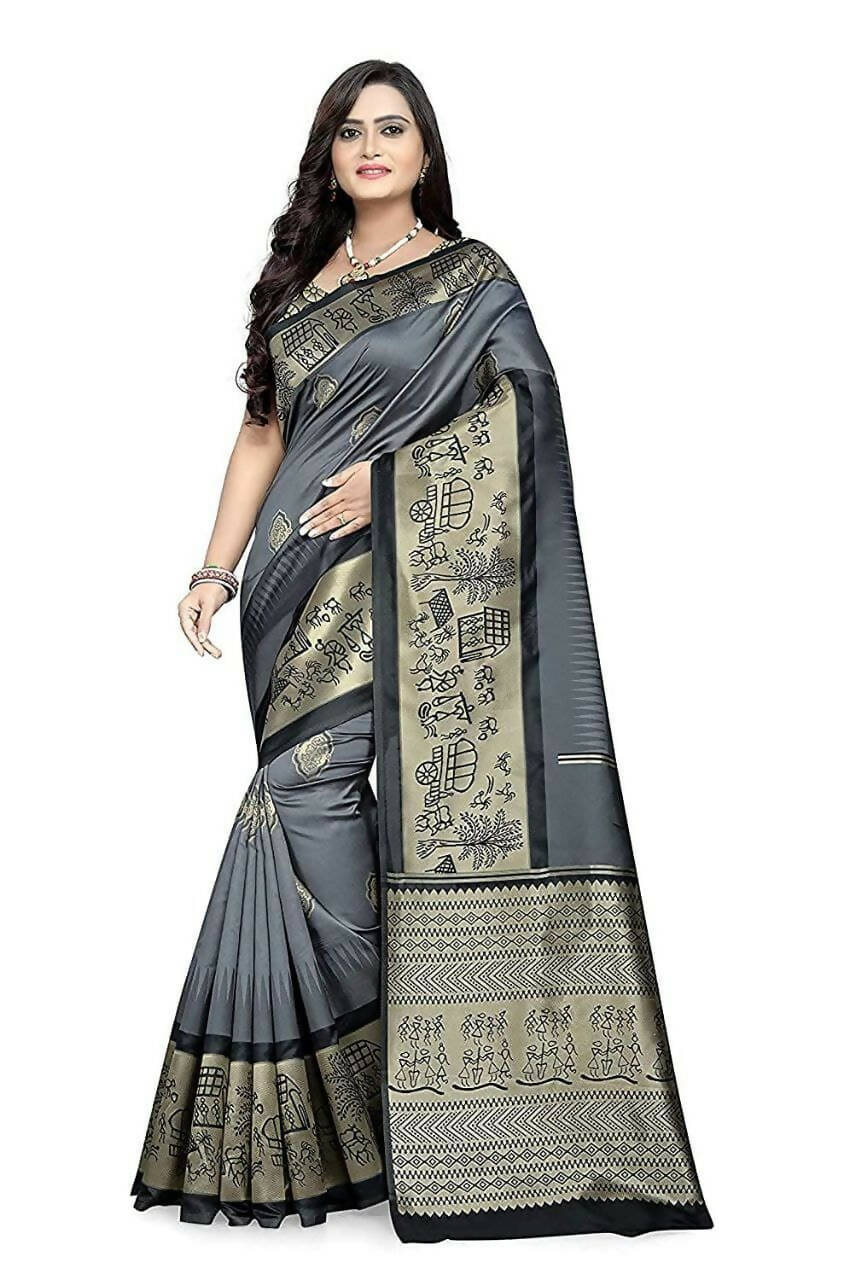 DEIANA'S Beautiful Designer Golden zari Soft Lichi Silk Saree - Grey | Grocsy