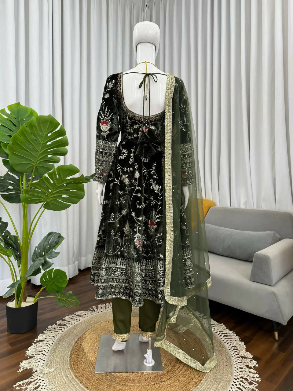 Vastranavya Mehendi Viscose Velvet Thread Sequence Work Top-Bottom With Dupatta | Grocsy