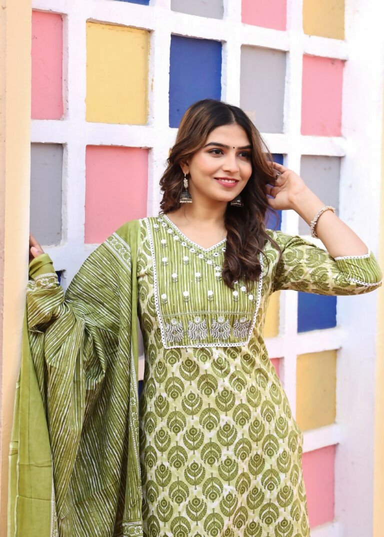 Alvano Printed 3Pcs Straight Kurti with Pant and Dupatta set for women and Girls Rayon (Light Green) | Grocsy