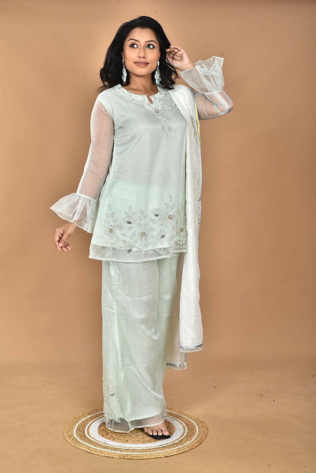 Morchari Women And Hand Embroidery Palazzo Set-Green | Grocsy