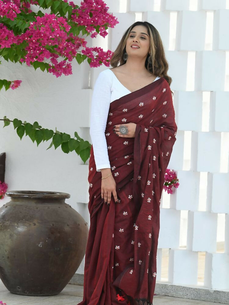 Beatitude Maroon Khadi Floral Embroidered Saree | Grocsy
