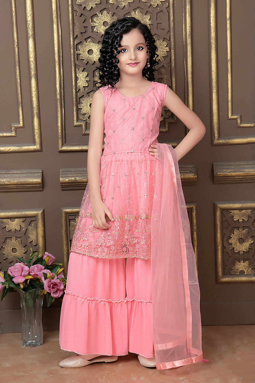 Kids Wedding Designer Pink Pure Finest Soft Net Sharara Suit - Aaradhna | Grocsy