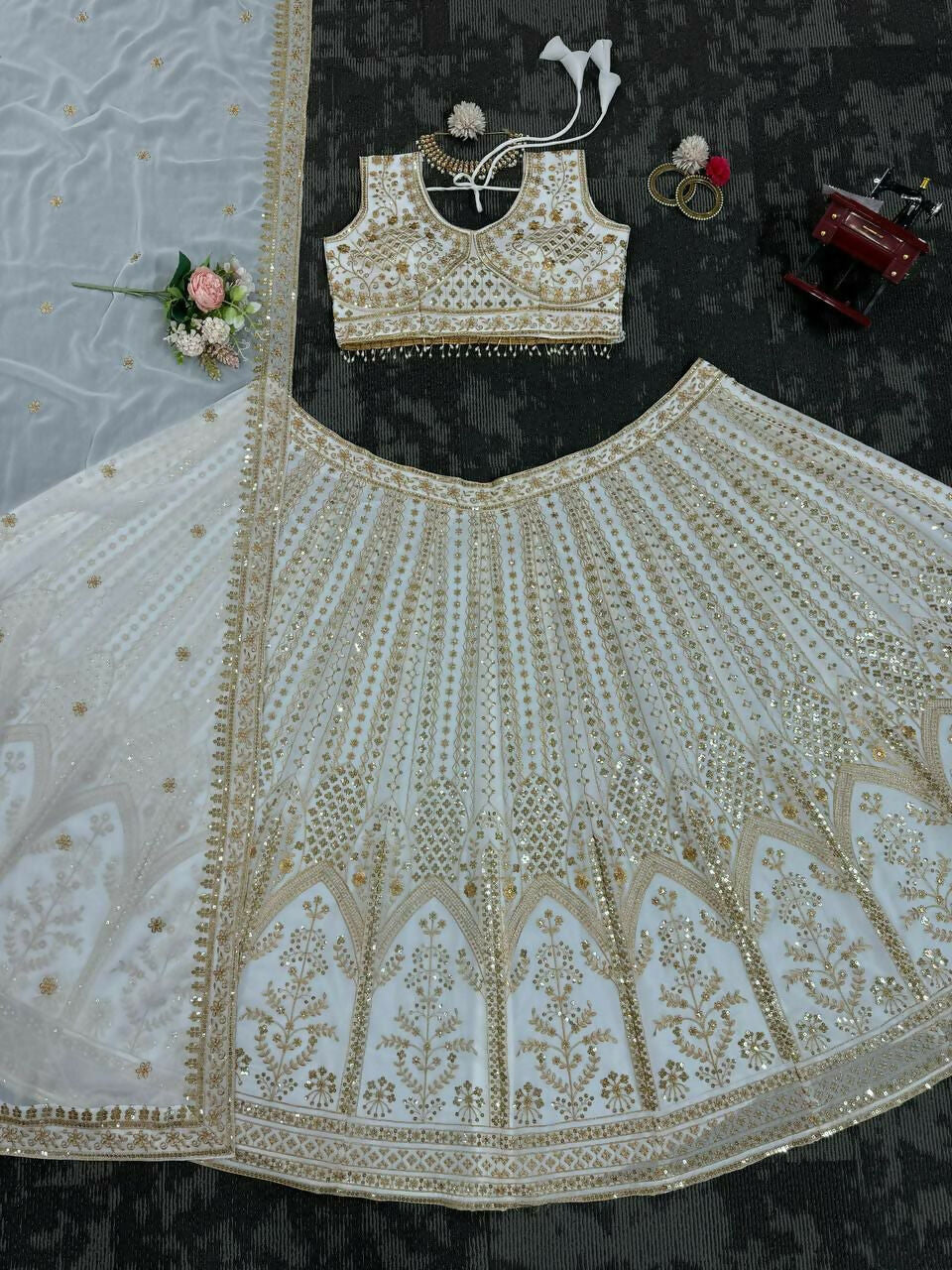 Jyoti Fashion Women's White Faux Georgette Sequins with Thread Embroidered Designer Lehenga Choli Set | Grocsy