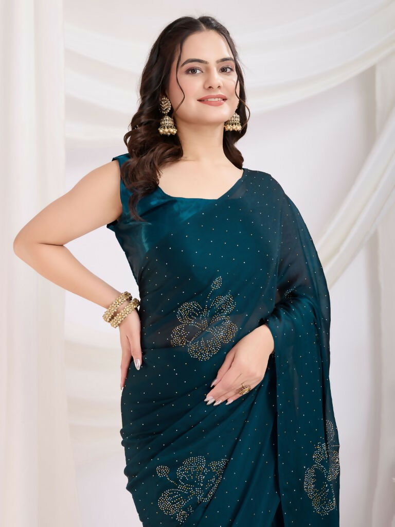 Teal Blue Rangoli Silk Diamond Work Ready To Wear Saree - Tamana | Grocsy