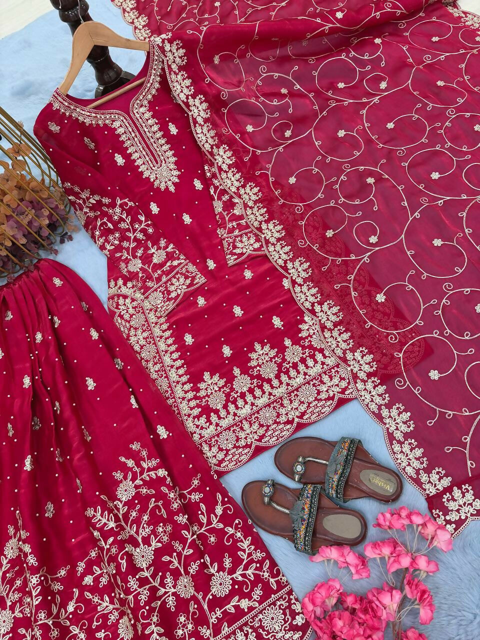 Teeya Creation Rani Pure Silk Gimmy Silk Heavy Embroidery Work Wedding Wear Palazzo Pair | Grocsy