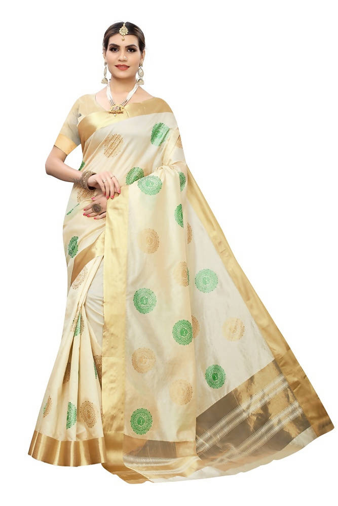 Vamika Cream Cotton Polyester Silk Weaving Saree | Grocsy