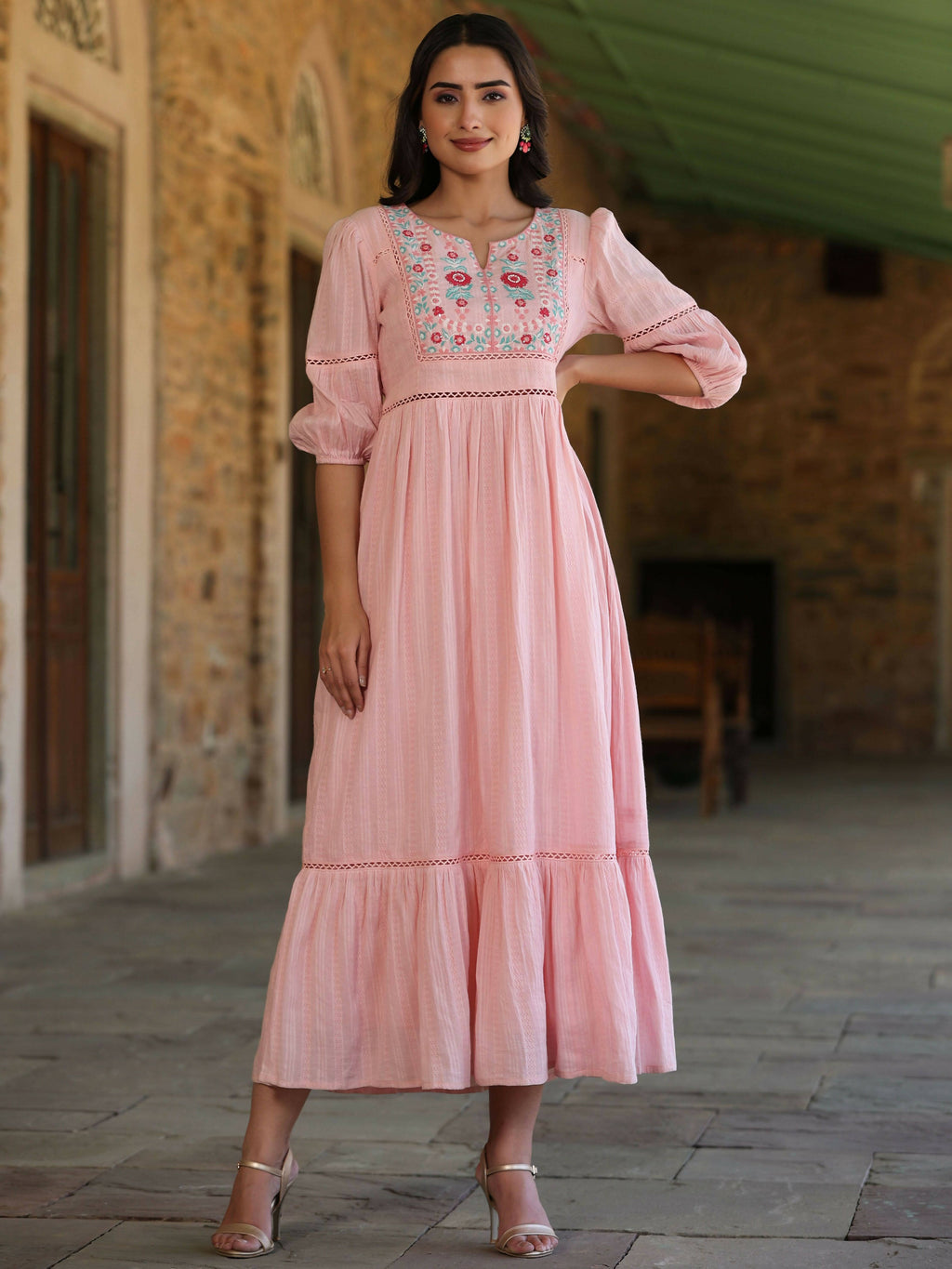 Juniper Women's Pink Cotton Dobby Embroidered Flared Dress | Grocsy