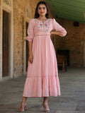Juniper Women's Pink Cotton Dobby Embroidered Flared Dress | Grocsy