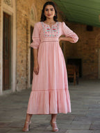 Juniper Women's Pink Cotton Dobby Embroidered Flared Dress | Grocsy