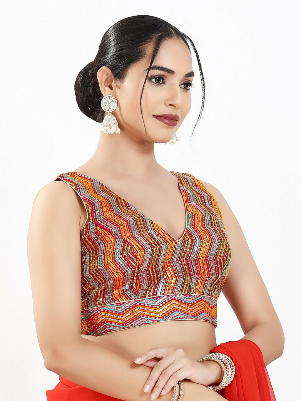 Joban Fashion Red Multi Silk Padded Blouse With V Neck Sleeveless | Grocsy