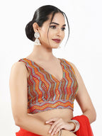 Joban Fashion Red Multi Silk Padded Blouse With V Neck Sleeveless | Grocsy