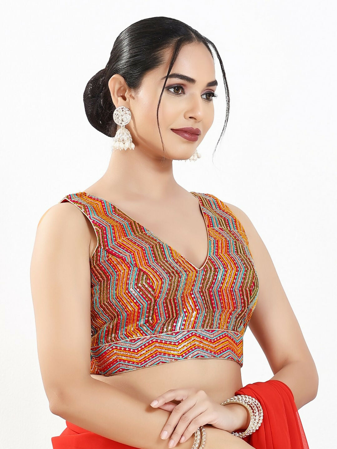 Joban Fashion Red Multi Silk Padded Blouse With V Neck Sleeveless | Grocsy