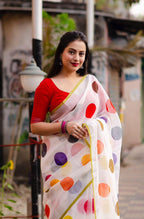 White Pure Linen Ethnic Motifs Saree with Unstitched Blouse - A2M | Grocsy