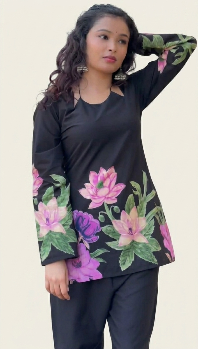 Jaitra Apparels Black Pichwai Print Pure Cotton Cord set with Back Dori and Halter Neck Dori | Grocsy
