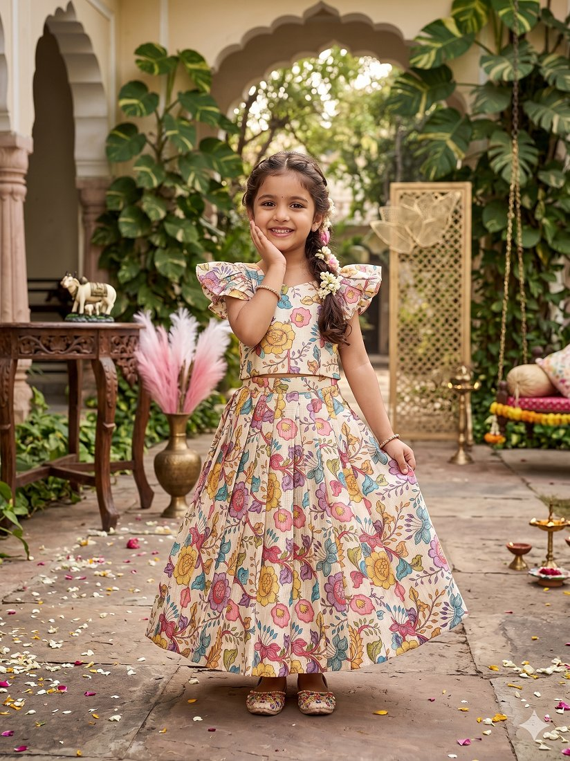 Evanik White Kota Chex Fabric With Floral Printed Kids Lehenga Choli | Grocsy