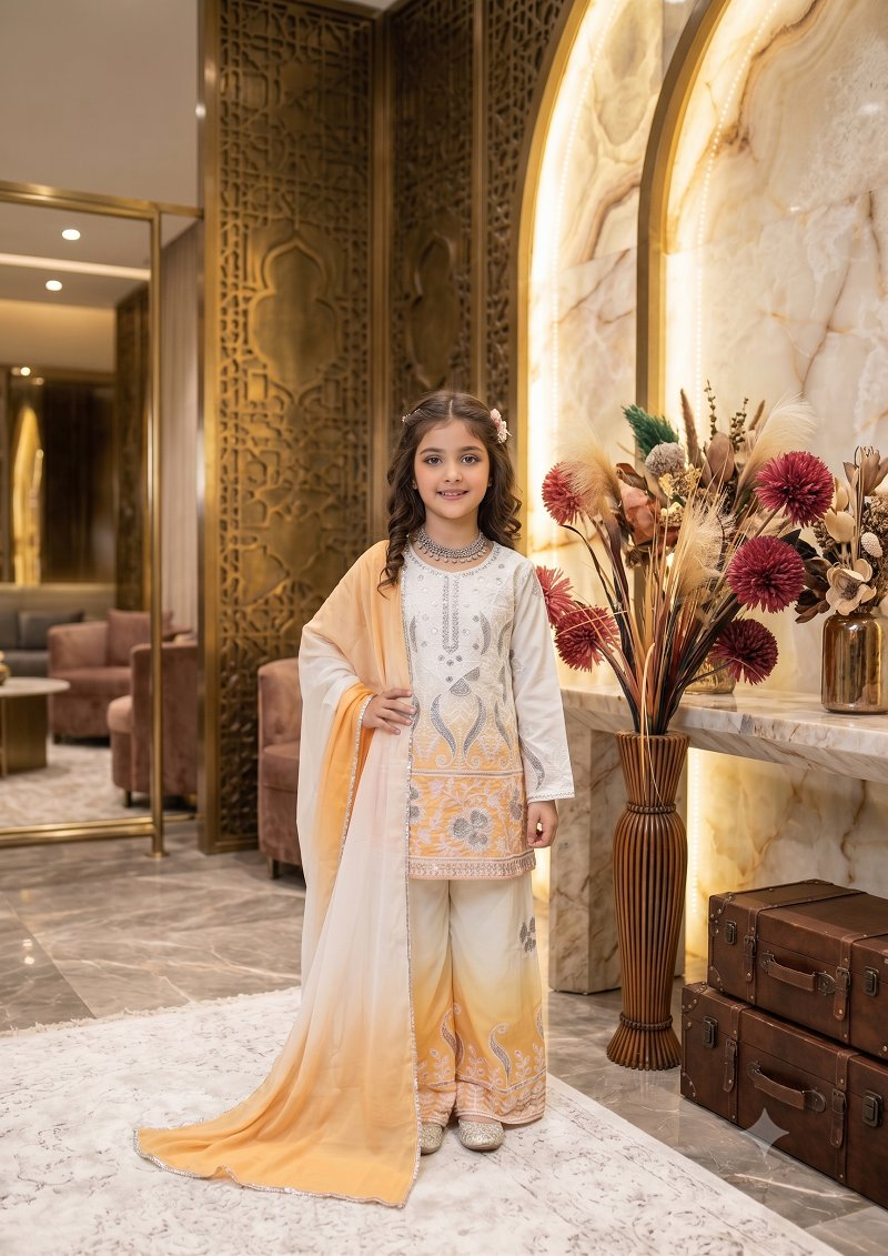 Evanik Yellow Designer Party Wear Heavy Natural Crepe Kids Top Palazzo & Dupatta Set | Grocsy