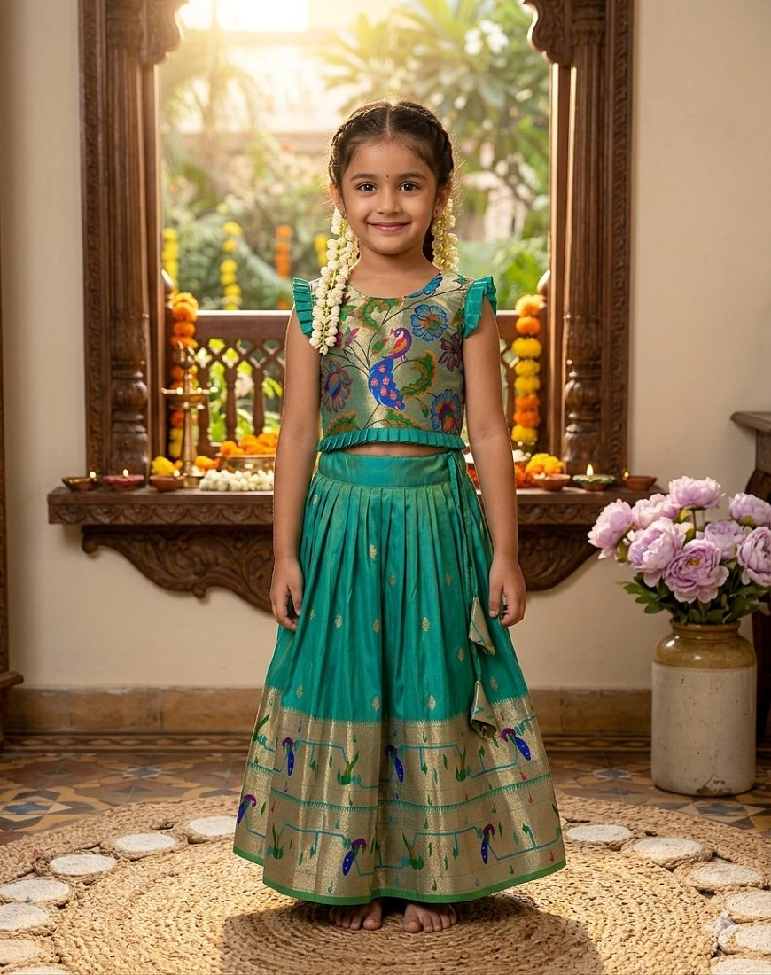 Evanik Designer Bottlegreen Soft Silk Paithani Design Lehenga Choli For Girls-Party & Ethnic Wear | Grocsy