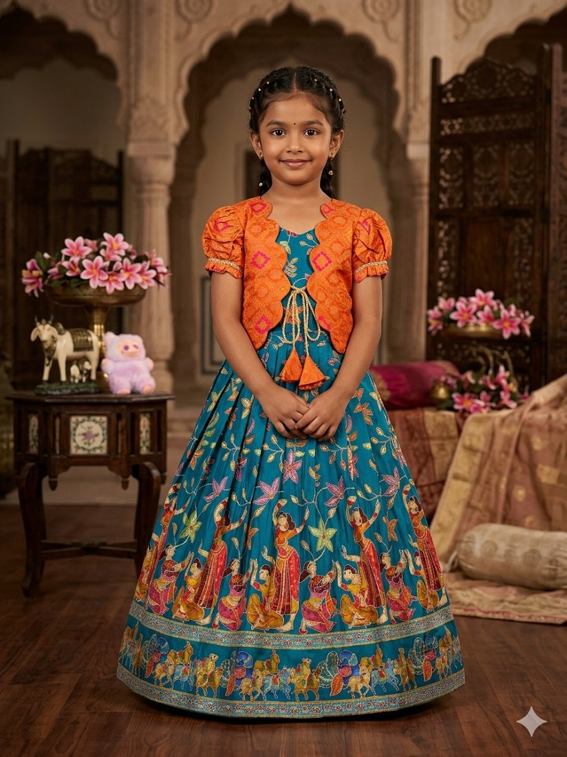 Evanik Blue Designer Viscose Natural Crepe Position With Kalamkari Work Gown Koti for Kids | Grocsy