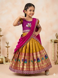 Evanik Pink Kids Paithani Simmer Silk Zari Weaving Pavadai Lehenga Choli Set | Grocsy