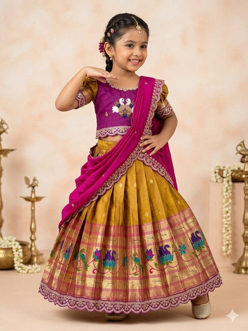 Evanik Pink Kids Paithani Simmer Silk Zari Weaving Pavadai Lehenga Choli Set | Grocsy