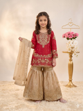 Evanik Red Girls Embroidered Silk Kurta With Sharara And Dupatta Set | Grocsy
