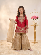 Evanik Red Girls Embroidered Silk Kurta With Sharara And Dupatta Set | Grocsy