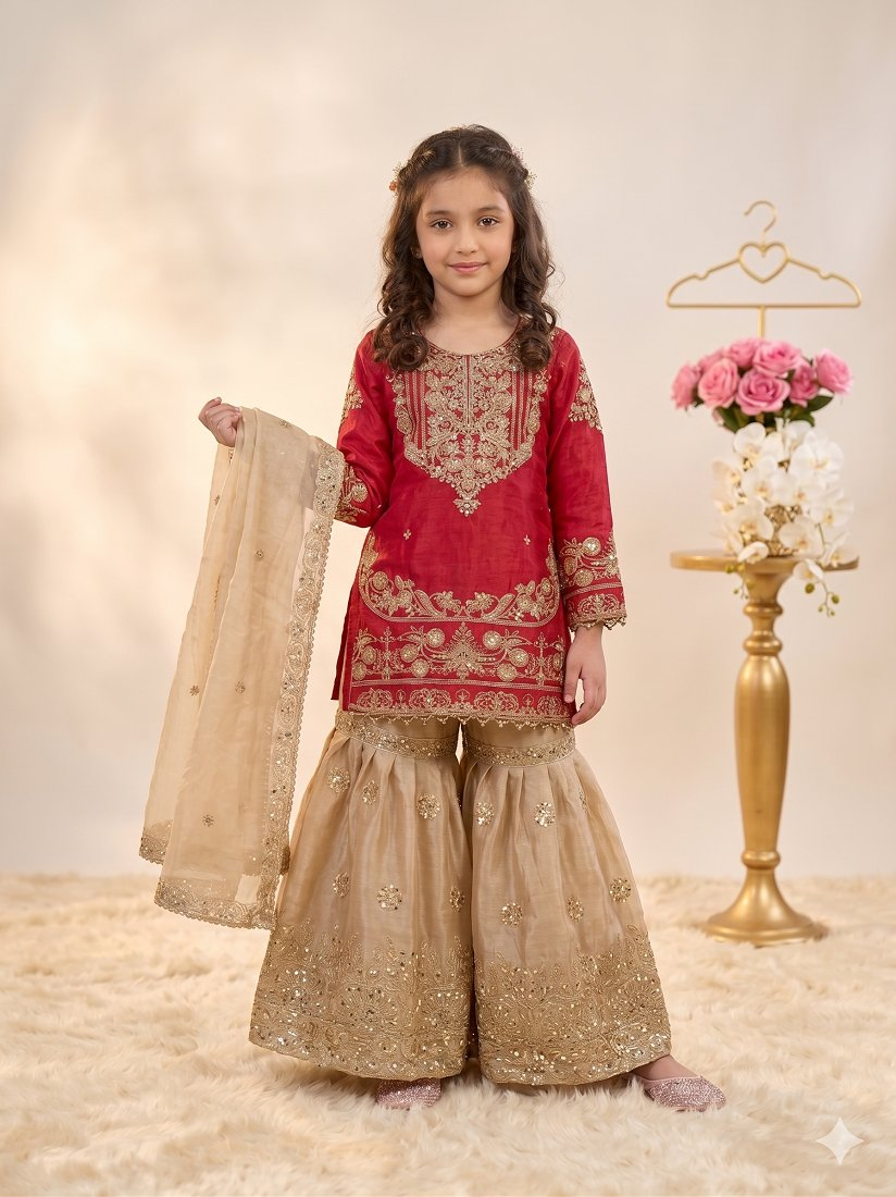 Evanik Red Girls Embroidered Silk Kurta With Sharara And Dupatta Set | Grocsy