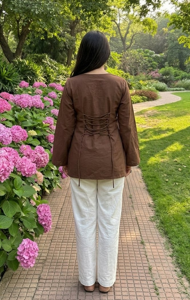 Jaitra Apparels Pure Cotton Solid Brown Kurti with Back Dori | Grocsy