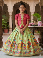 Evanik Green Designer Viscose Natural Crepe Position With Kalamkari Work Gown Koti for Kids | Grocsy
