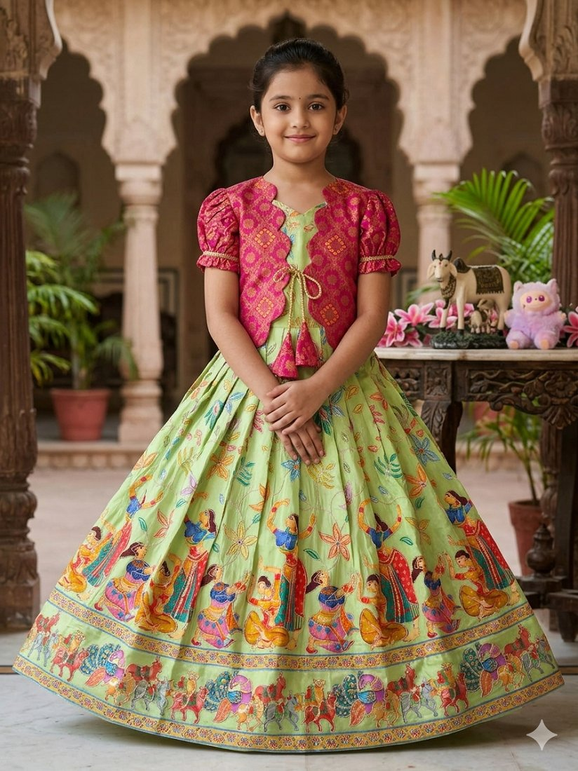 Evanik Green Designer Viscose Natural Crepe Position With Kalamkari Work Gown Koti for Kids | Grocsy