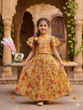 Evanik Yellow Kota Chex Fabric With Floral Printed Kids Lehenga Choli | Grocsy