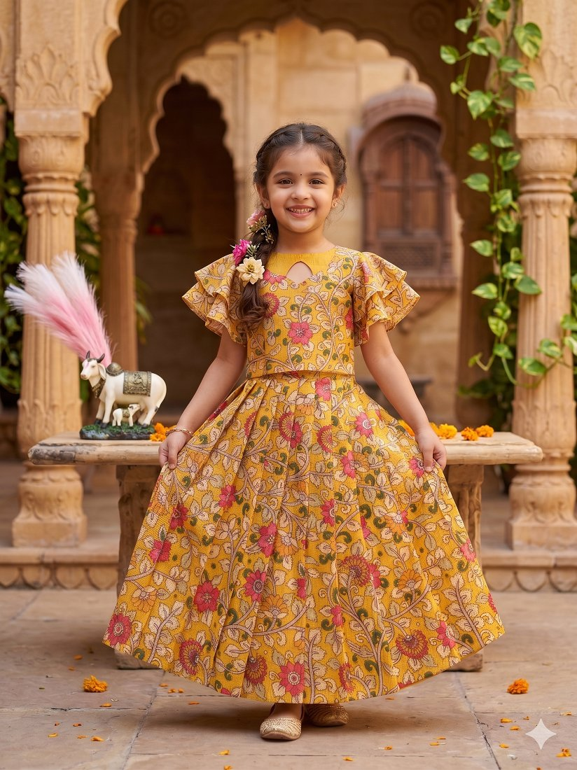 Evanik Yellow Kota Chex Fabric With Floral Printed Kids Lehenga Choli | Grocsy