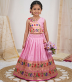Evanik Pink Kids Paithani Silk Lotus Pattern Lehenga Choli | Grocsy