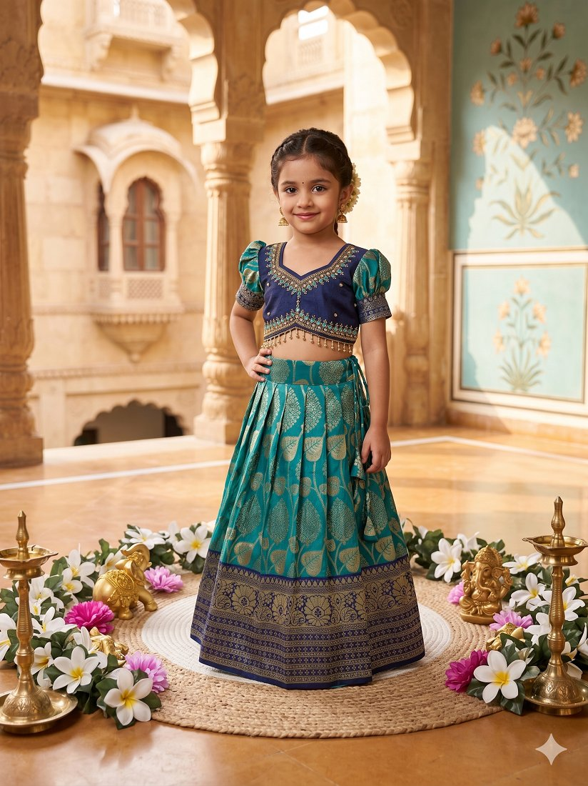 Evanik Teal Blue Pure Silk Zari With Heavy Maggam Work Lehenga Choli for Kids | Grocsy