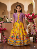 Evanik Yellow Designer Viscose Natural Crepe Position With Kalamkari Work Gown Koti for Kids | Grocsy