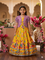 Evanik Yellow Designer Viscose Natural Crepe Position With Kalamkari Work Gown Koti for Kids | Grocsy