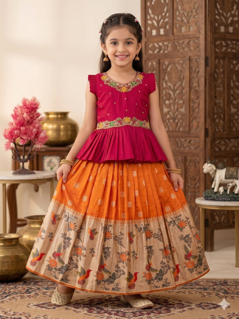 Evanik Pink Soft Khadi Georgette With Beutifull Handwork Kids Lehenga Choli | Grocsy