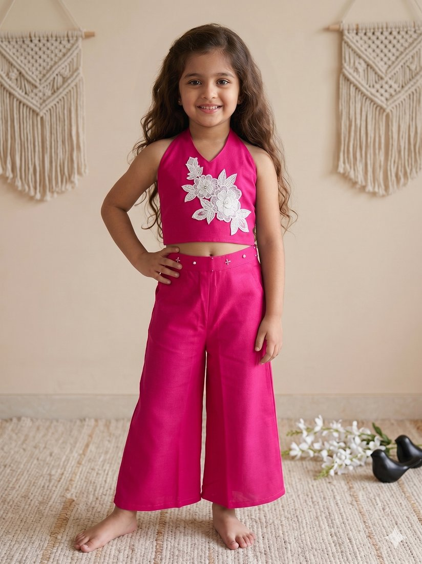 Evanik Pink Pure Khadi Cotton With Patch Work Kids Summer Co-Ord Set | Grocsy