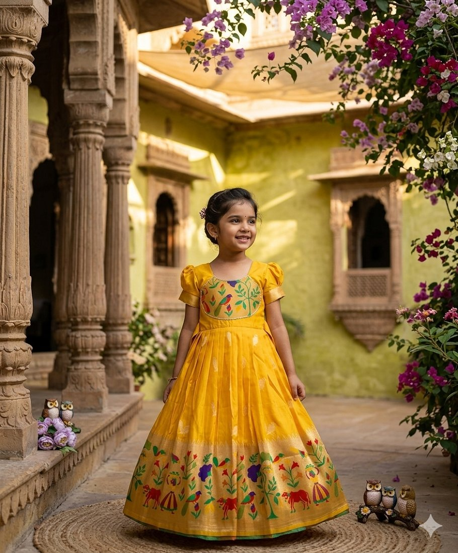 Evanik Yellow Soft Paithani Silk Zari Weaving Birds Pattern Kids Gown | Grocsy