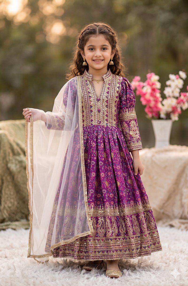 Evanik Purple Kids Chinon Silk Digital Print With Embroidered Work Wedding Gown | Grocsy