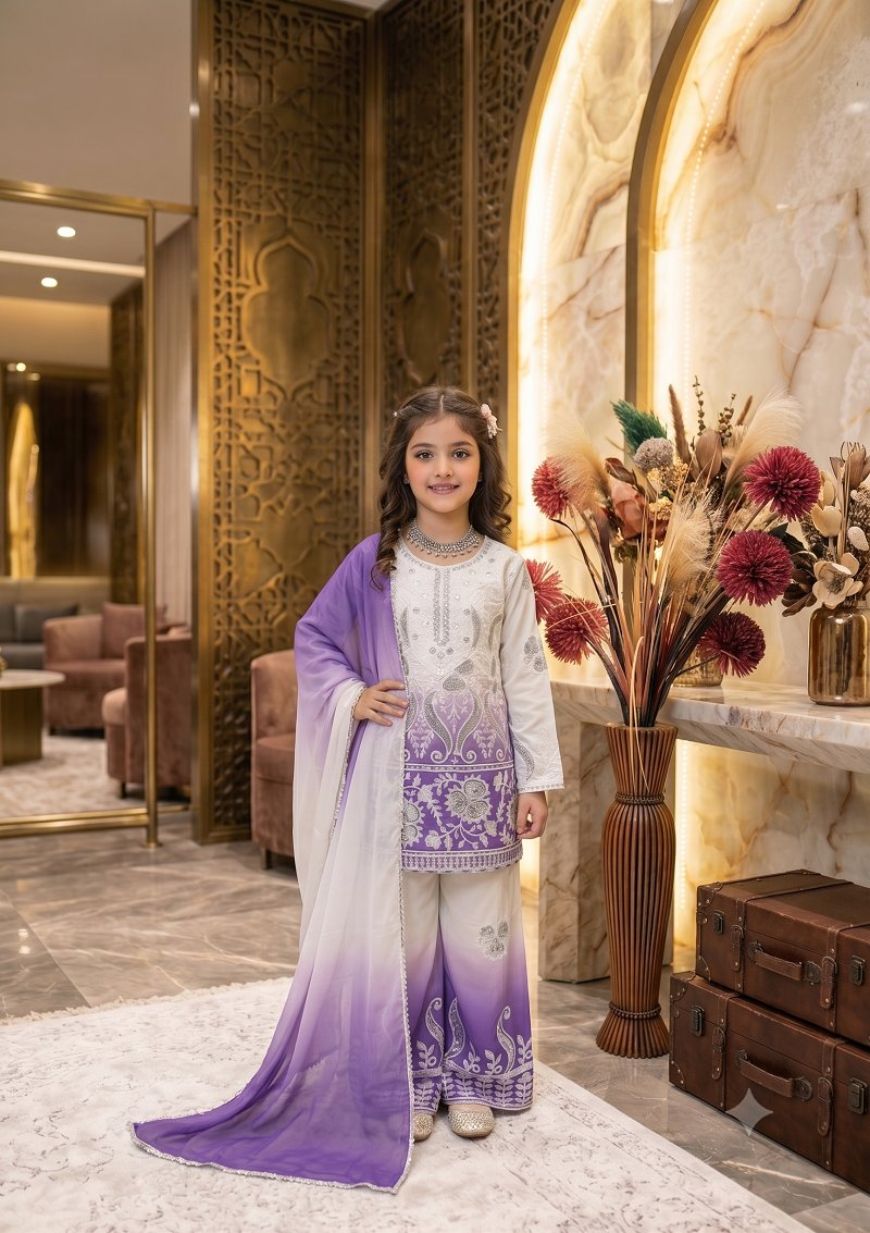Evanik Purple Designer Party Wear Heavy Natural Crepe Kids Top Palazzo & Dupatta Set | Grocsy