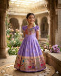 Evanik Purple Soft Paithani Silk Zari Weaving Birds Pattern Kids Gown | Grocsy