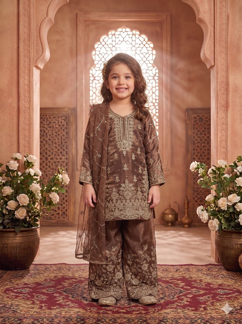 Evanik Brown Designer Wedding Embroidered Work Kids Palazzo Set | Grocsy
