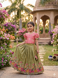 Evanik Pink Space Silk Elephant Mission Embroidered Work Kids Lehenga Choli Set | Grocsy